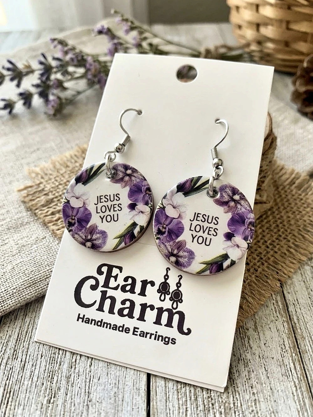 Lavender Floral Jesus Loves You Earrings in Purple & White Handmade